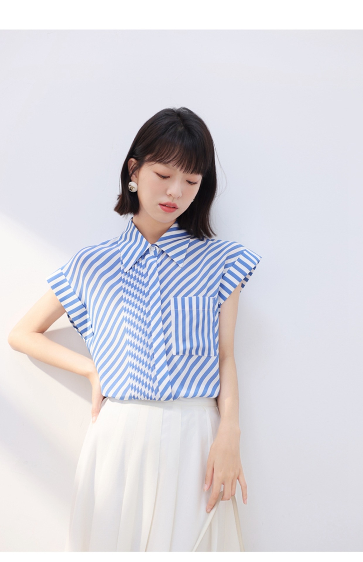 小飞袖条纹真丝衬衫